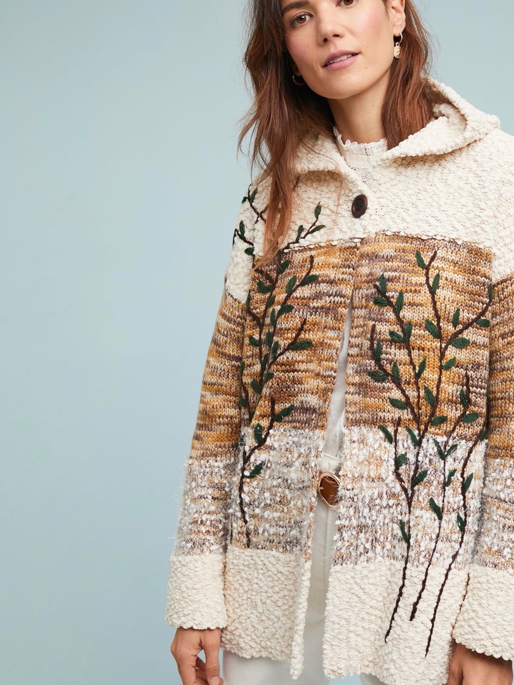 Anthropologie Cream and Brown Embroidered Vine Knit Cardigan